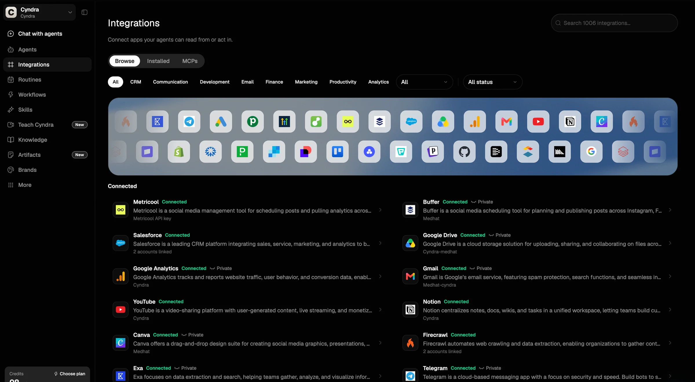 The Cyndra Integrations directory: over 1,000 apps available to connect, with Salesforce, Gmail, Google Drive, Notion, YouTube, Canva and Telegram already connected to the workspace.